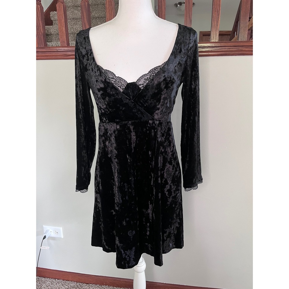 Free People Black Crushed Velvet Lace Trim Open Back Mini Dress‎ Small Gothic